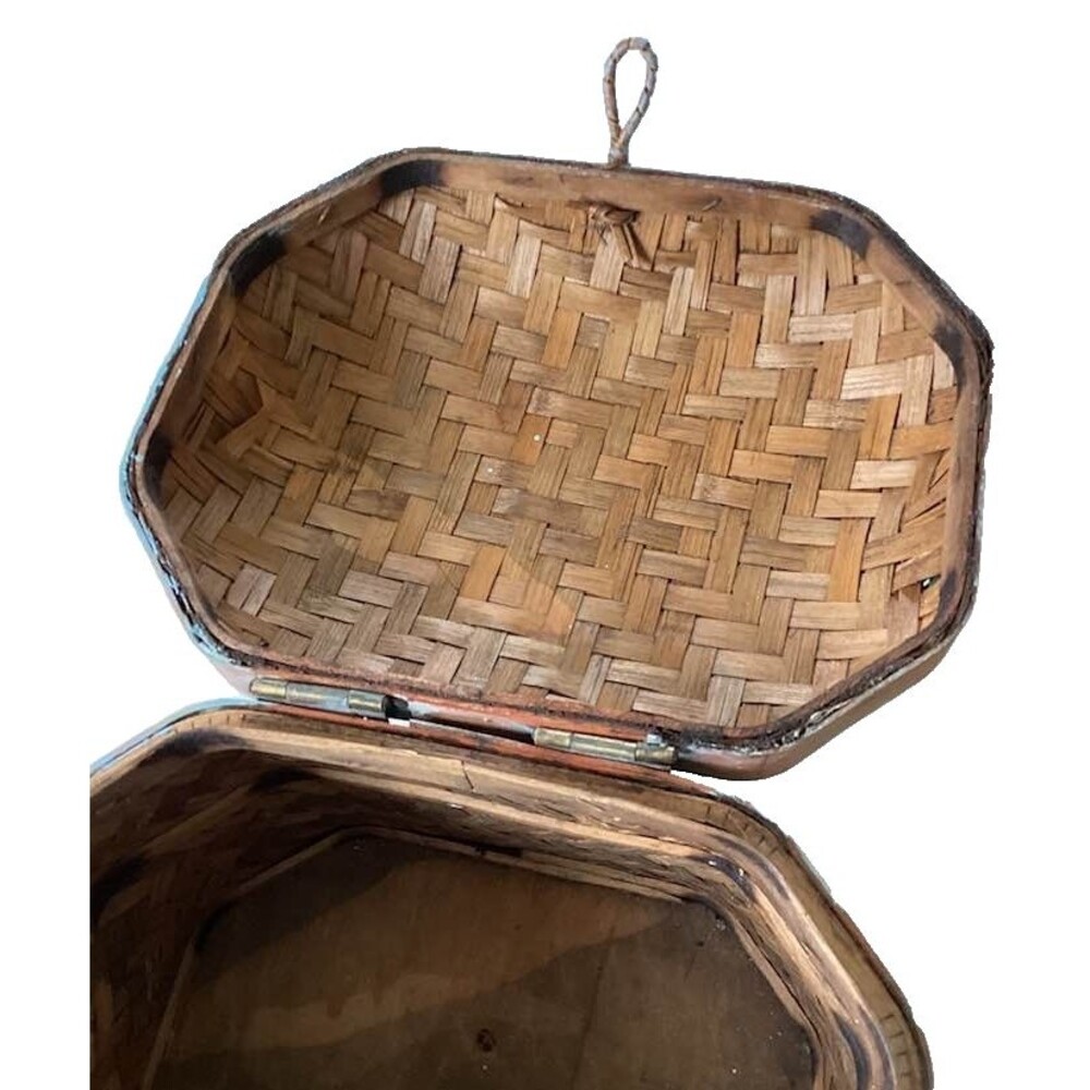 Chinese Woven Rattan Chest Basket Storage Lid Wedding Handle Decor Blue Washwash - Picture 11 of 12
